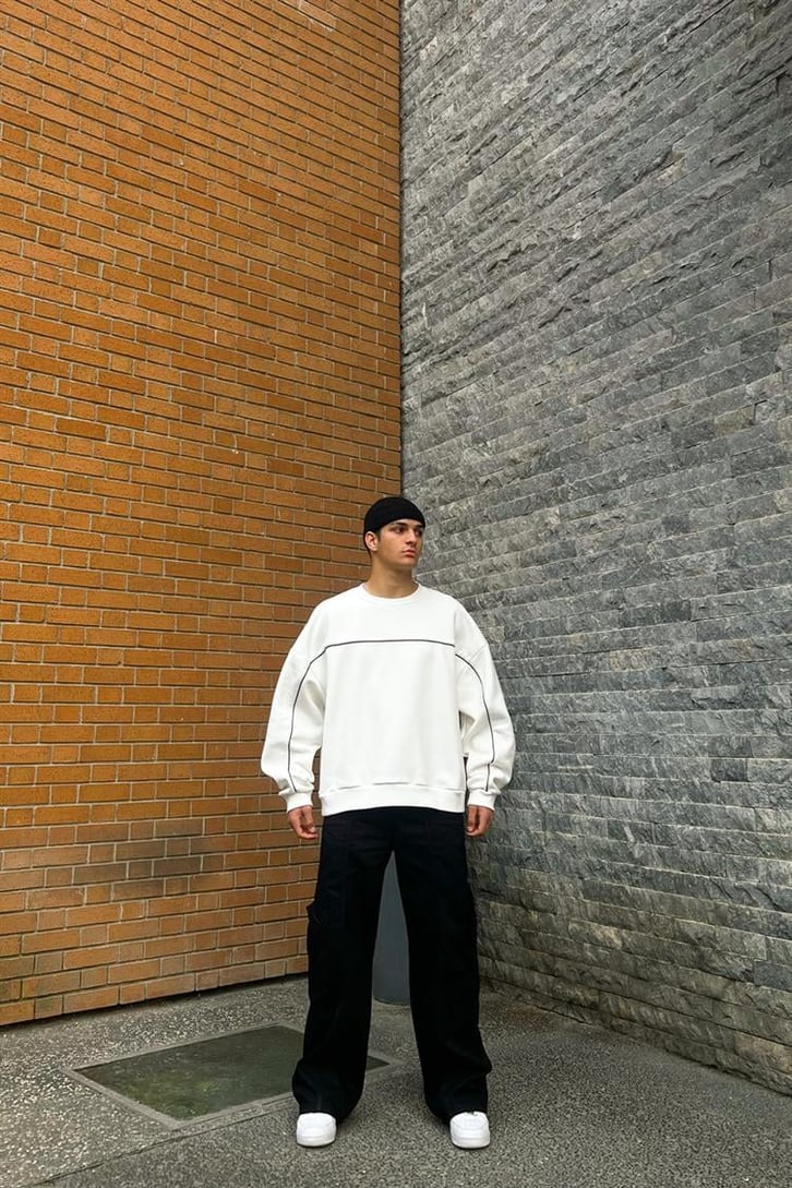 Flaw Atelier Old Skool Kalıp Beyaz İçi Pamuklu Sweatshirt