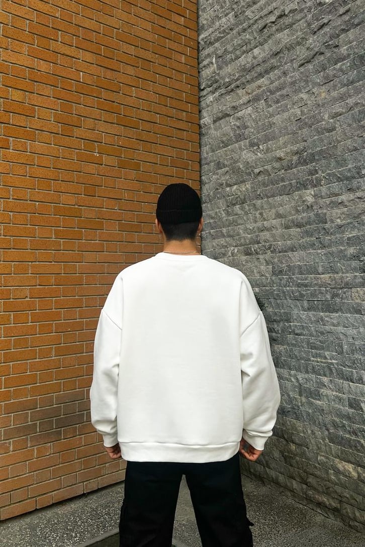 Flaw Atelier Old Skool Kalıp Beyaz İçi Pamuklu Sweatshirt