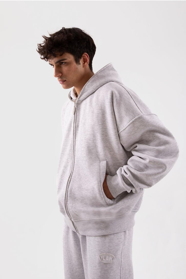 Flaw Atelier Oversize Basic Gri Melanj Full Zip Hoodie