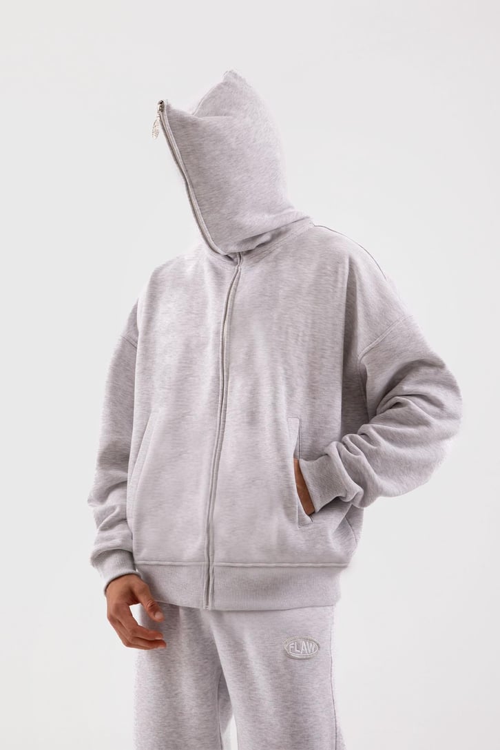 Flaw Atelier Oversize Basic Gri Melanj Full Zip Hoodie