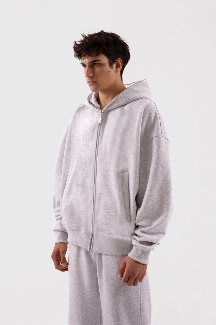 Flaw Atelier Oversize Basic Gri Melanj Full Zip Hoodie