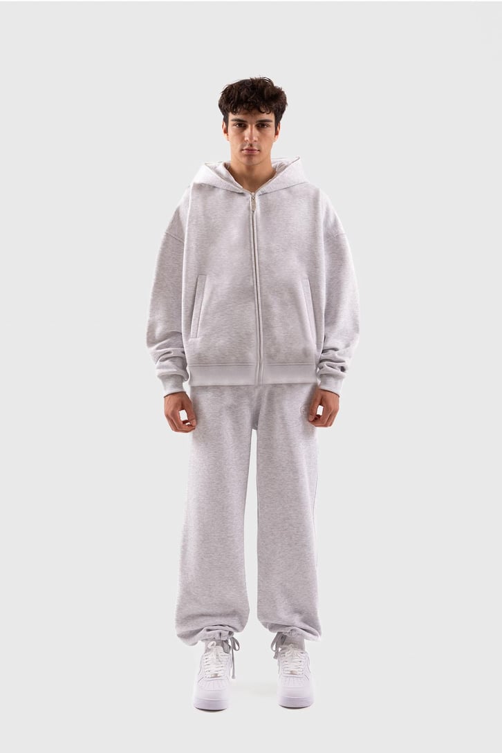 Flaw Atelier Oversize Basic Gri Melanj Full Zip Hoodie