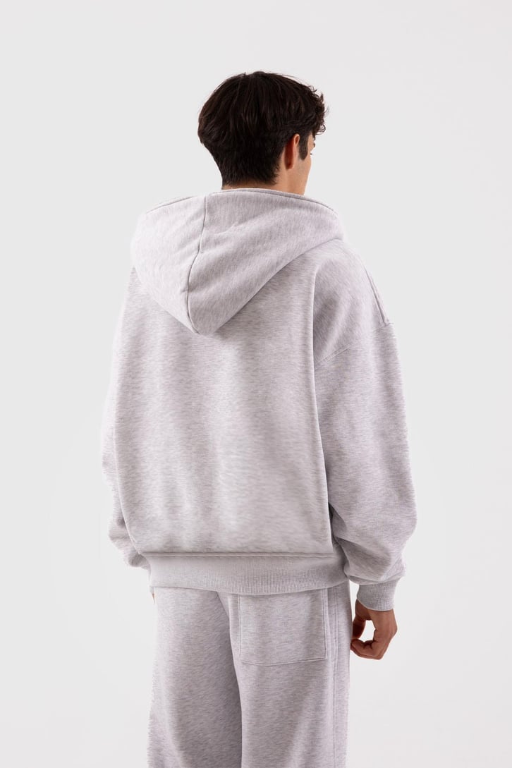 Flaw Atelier Oversize Basic Gri Melanj Full Zip Hoodie