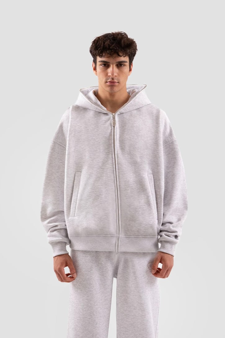 Flaw Atelier Oversize Basic Gri Melanj Full Zip Hoodie