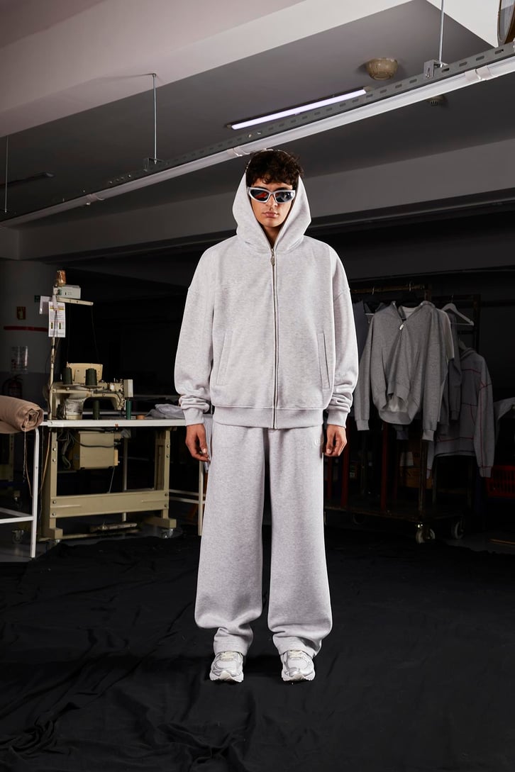 Flaw Atelier Oversize Basic Gri Melanj Full Zip Hoodie