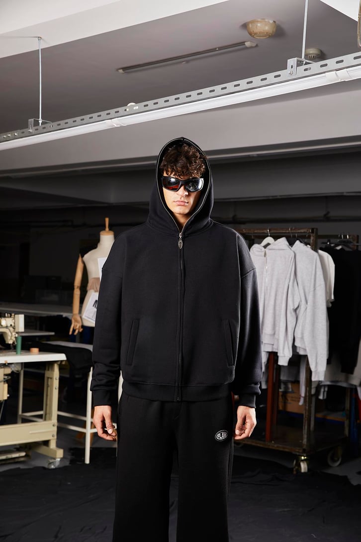 Flaw Atelier Oversize Basic Siyah Full Zip Hoodie