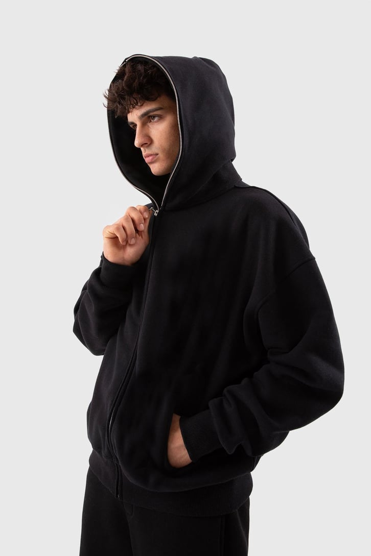 Flaw Atelier Oversize Basic Siyah Full Zip Hoodie