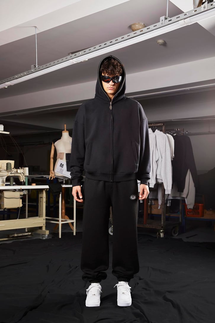 Flaw Atelier Oversize Basic Siyah Full Zip Hoodie