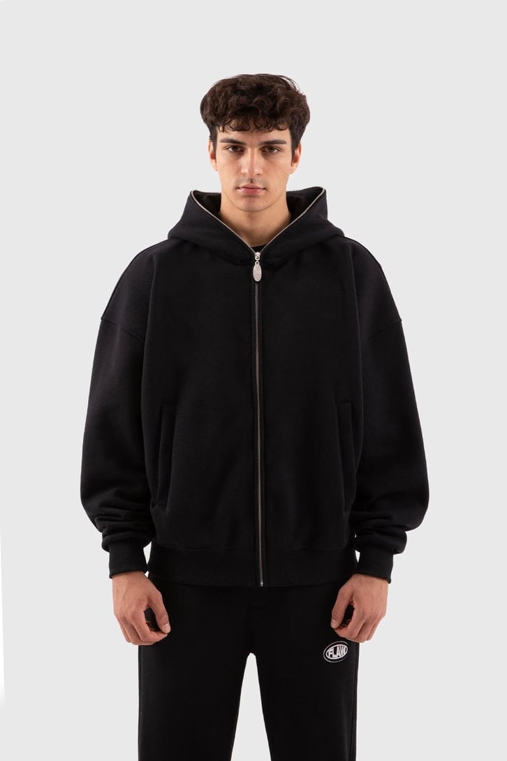 Flaw Atelier Oversize Basic Siyah Full Zip Hoodie