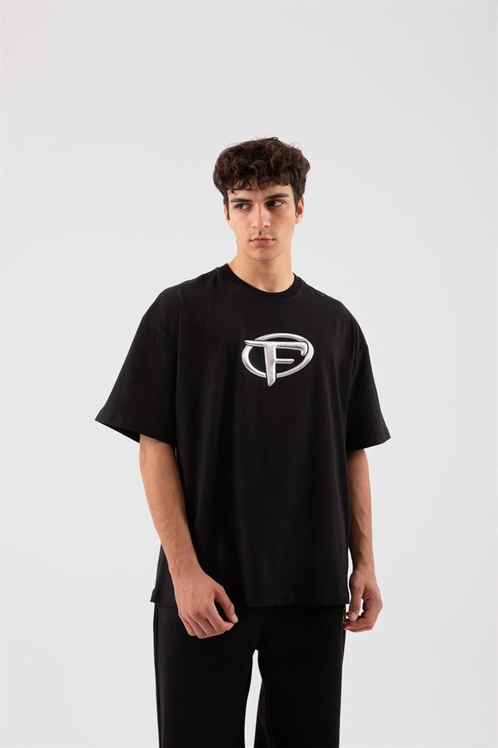 Flaw Atelier Puf Hologram F Print Siyah Relax Tişört