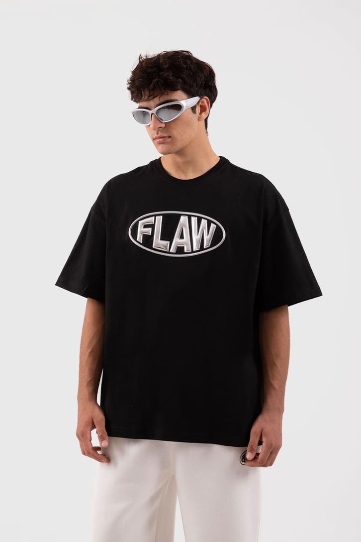 Flaw Atelier Puf Hologram New Logo Print Siyah Relax Tişört