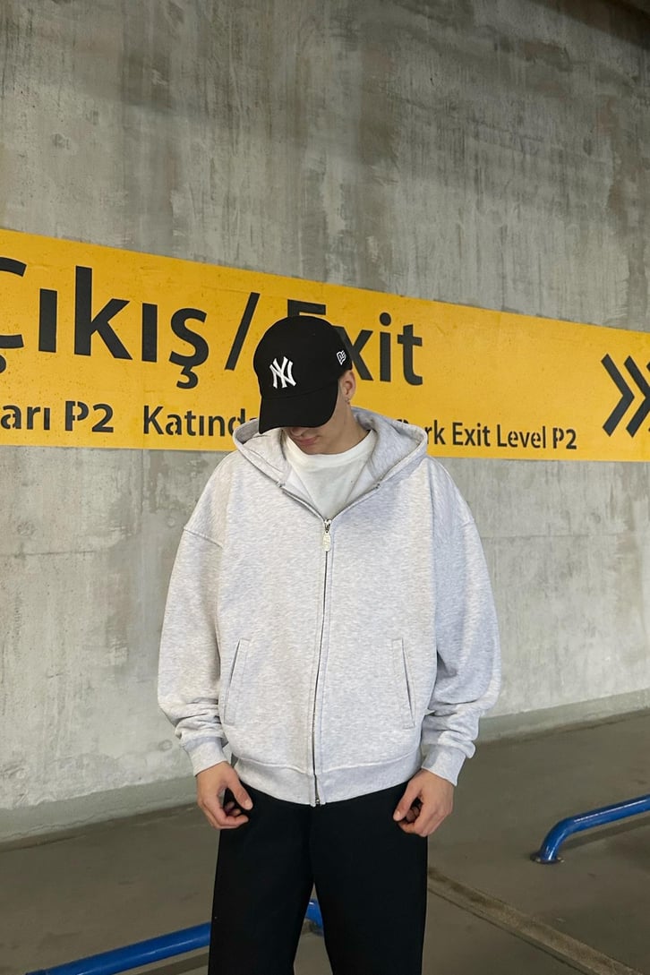 Flaw Atelier Relax Oversize Basic Gri Melanj Zip Hoodie