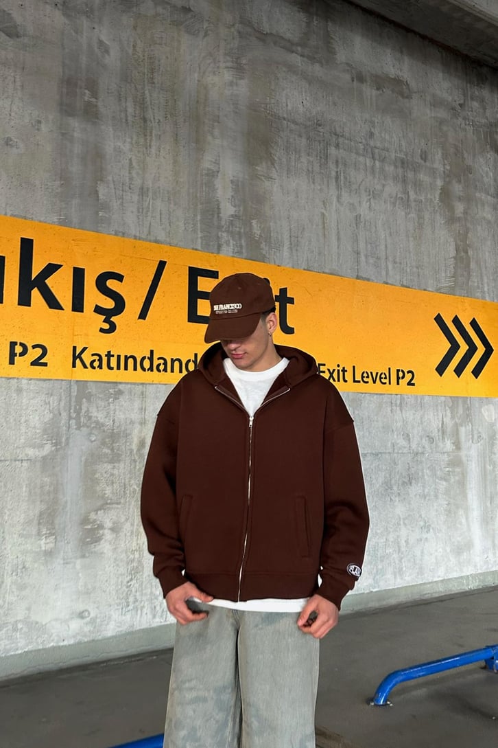 Flaw Atelier Relax Oversize Basic Kahverengi Zip Hoodie