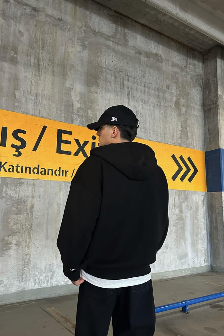 Flaw Atelier Relax Oversize Basic Siyah Zip Hoodie