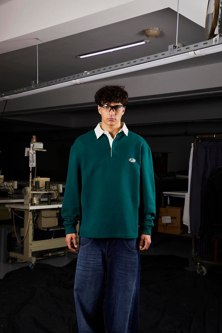 Flaw Atelier Relax Oversize Polo Yaka Yeşil Sweatshirt