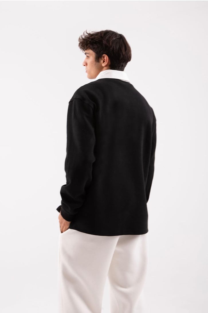 Flaw Atelier Relax Oversize Siyah Polo Yaka Sweatshirt