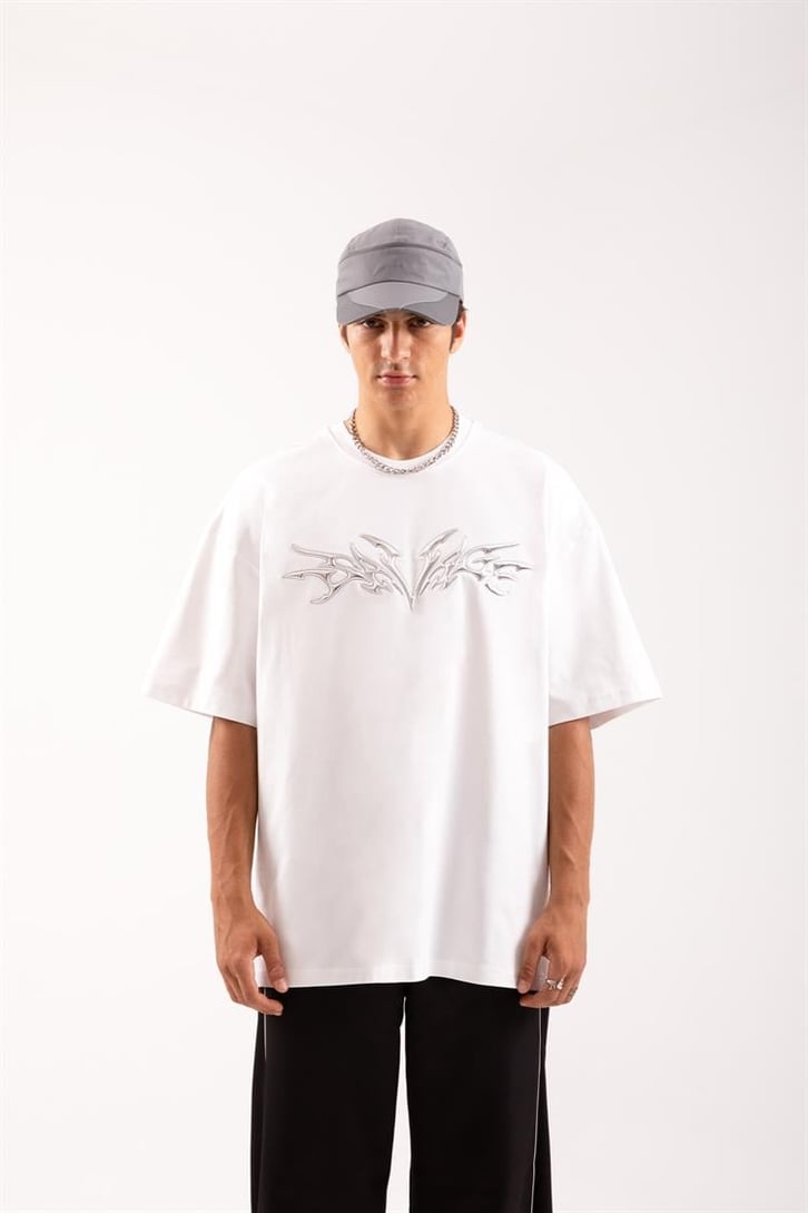 Flaw Atelier Savage Hologram Puff Print Beyaz Oversize Tişört
