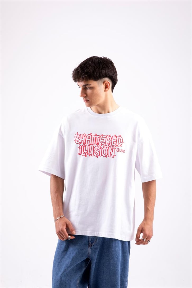 Flaw Atelier Shattered Illusion Prtinted  Beyaz Overize Tshirt