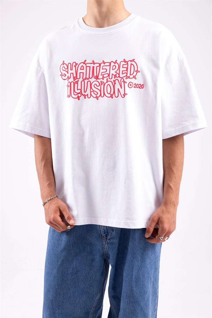 Flaw Atelier Shattered Illusion Prtinted  Beyaz Overize Tshirt