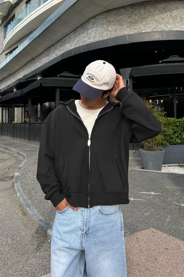 Flaw Atelier Siyah Oversize Zip Hoodie