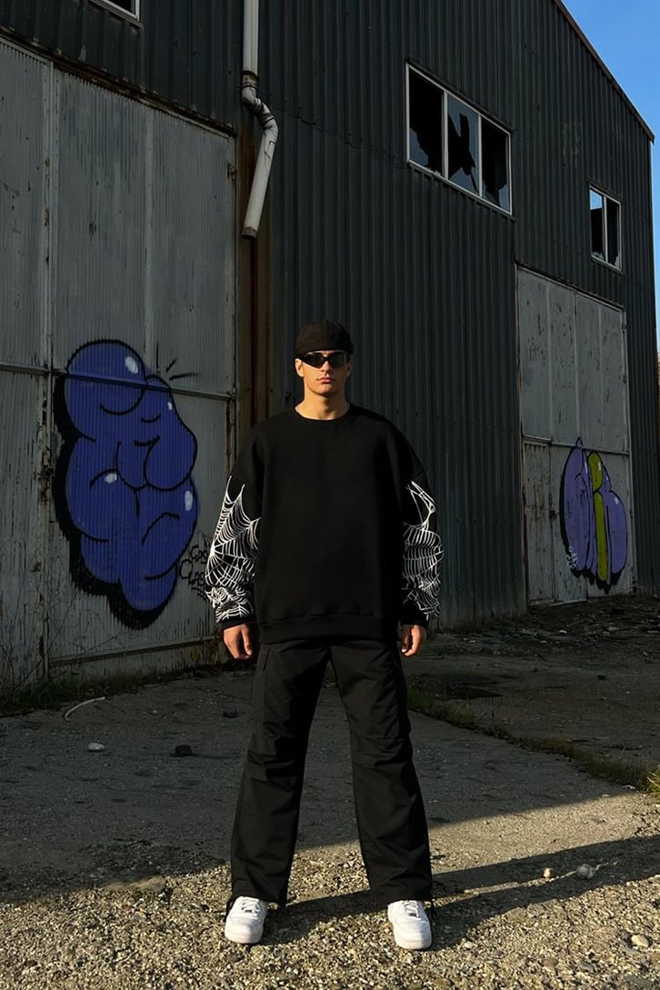 Flaw Atelier Spider Web Baskılı Siyah İçi Pamuklu Oversize Sweatshirt