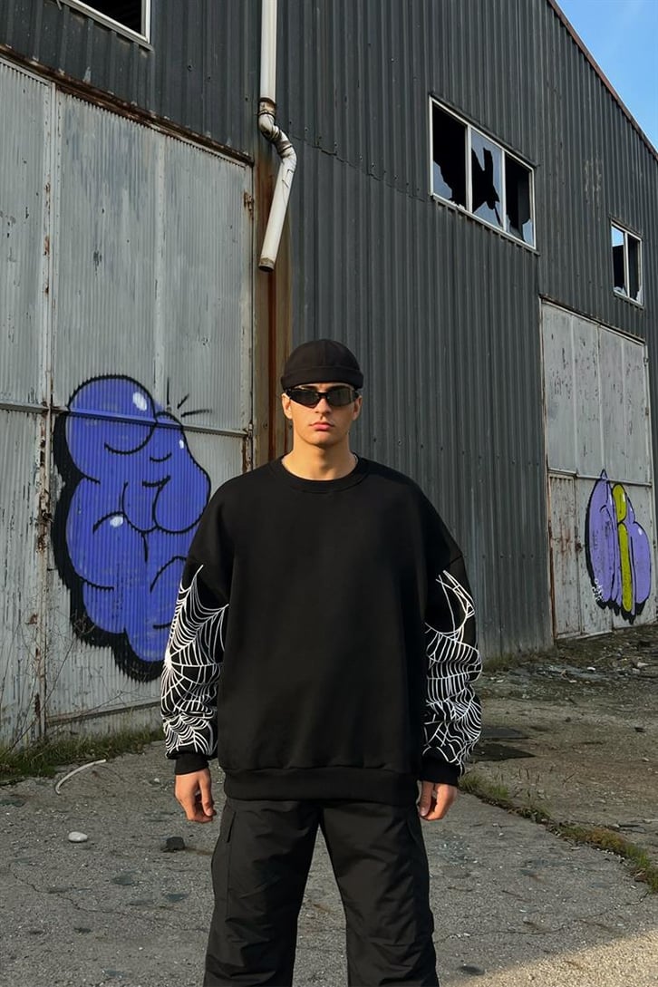 Flaw Atelier Spider Web Baskılı Siyah İçi Pamuklu Oversize Sweatshirt