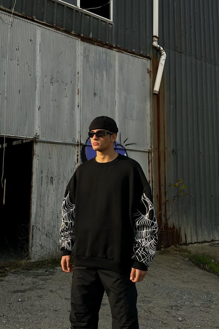 Flaw Atelier Spider Web Baskılı Siyah İçi Pamuklu Oversize Sweatshirt