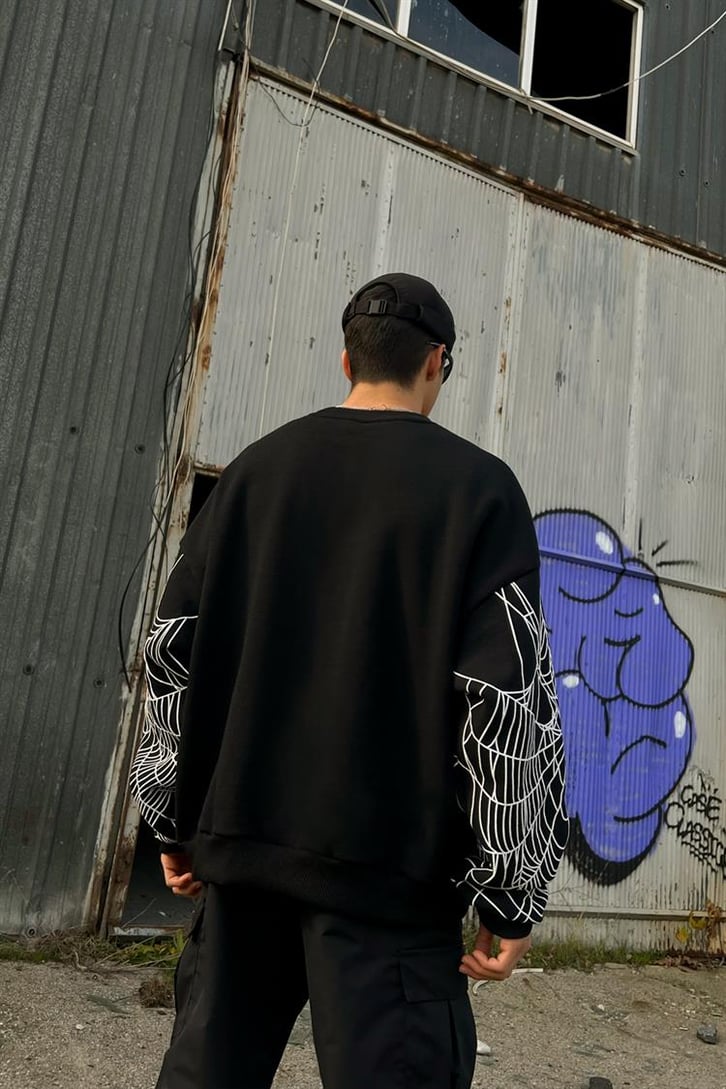 Flaw Atelier Spider Web Baskılı Siyah İçi Pamuklu Oversize Sweatshirt