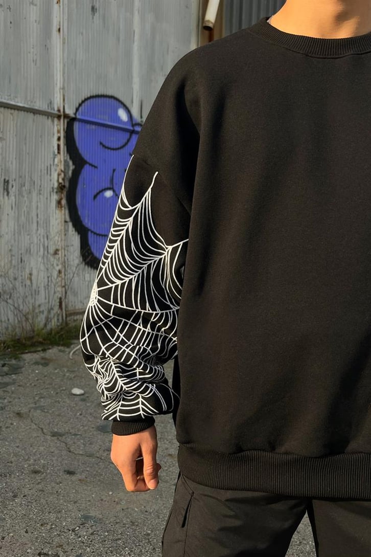 Flaw Atelier Spider Web Baskılı Siyah İçi Pamuklu Oversize Sweatshirt