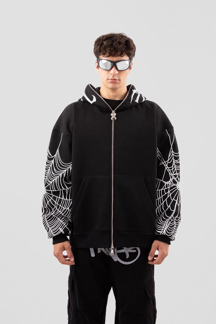 Flaw Atelier Spider Web Full Zip Siyah Oversize Hoodie