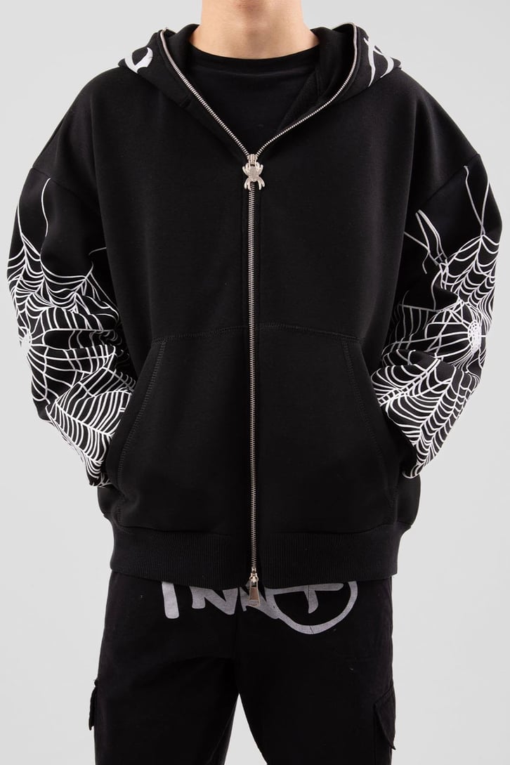 Flaw Atelier Spider Web Full Zip Siyah Oversize Hoodie