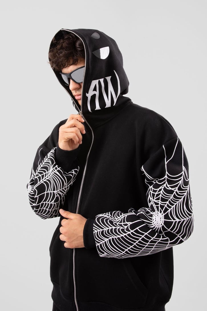 Flaw Atelier Spider Web Full Zip Siyah Oversize Hoodie