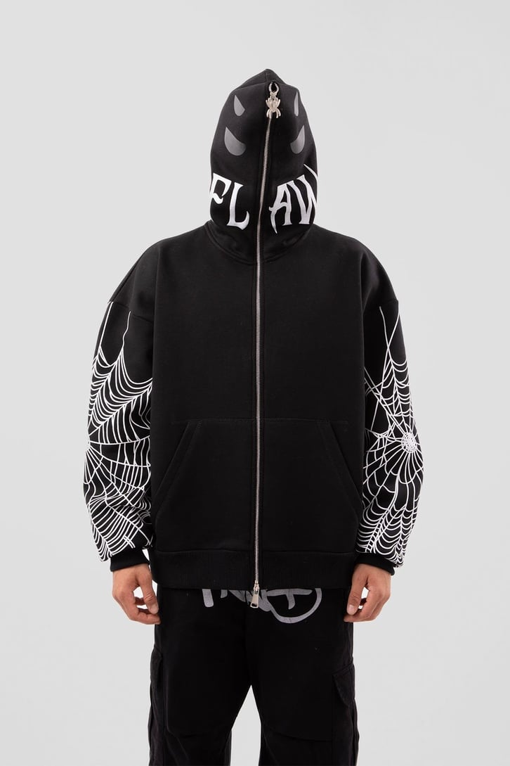 Flaw Atelier Spider Web Full Zip Siyah Oversize Hoodie
