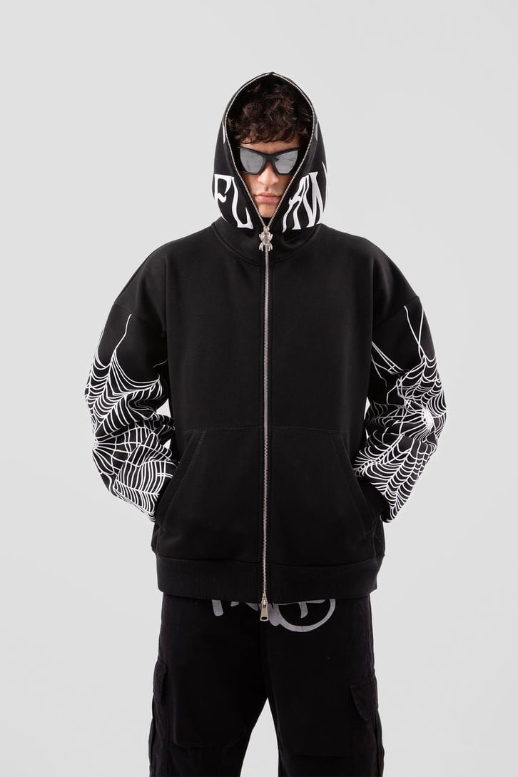 Flaw Atelier Spider Web Full Zip Siyah Oversize Hoodie