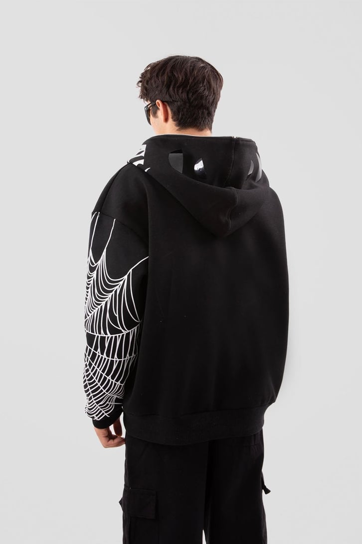 Flaw Atelier Spider Web Full Zip Siyah Oversize Hoodie