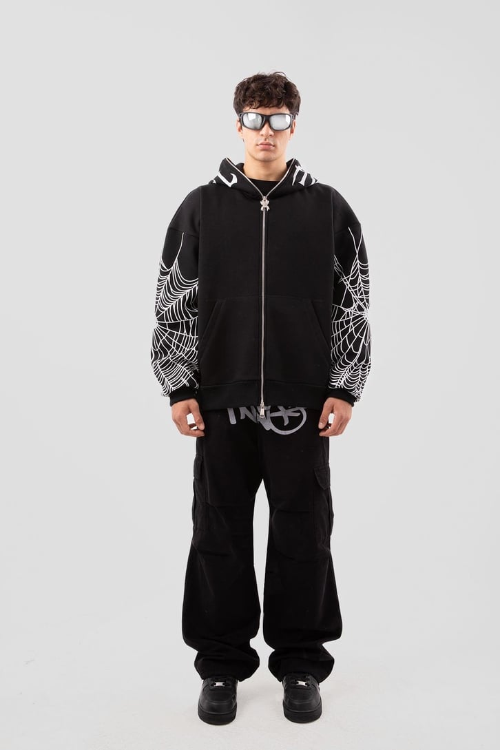 Flaw Atelier Spider Web Full Zip Siyah Oversize Hoodie