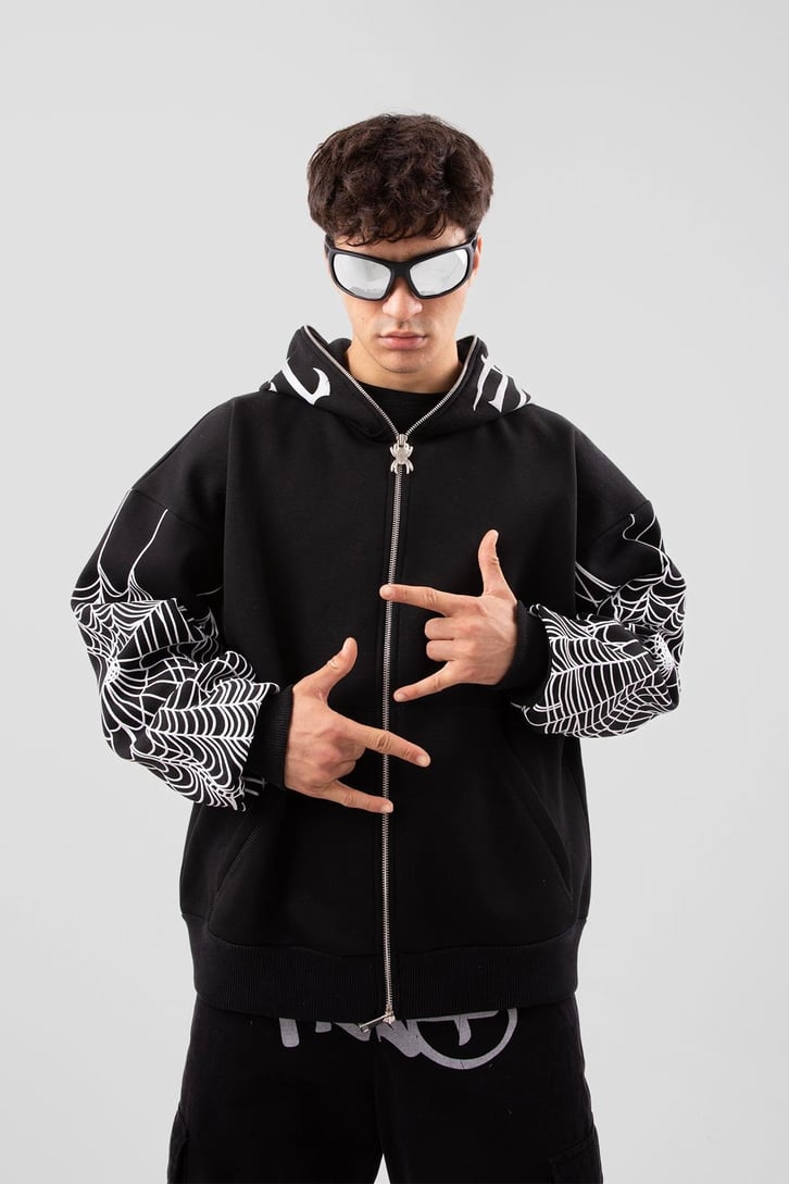 Flaw Atelier Spider Web Full Zip Siyah Oversize Hoodie