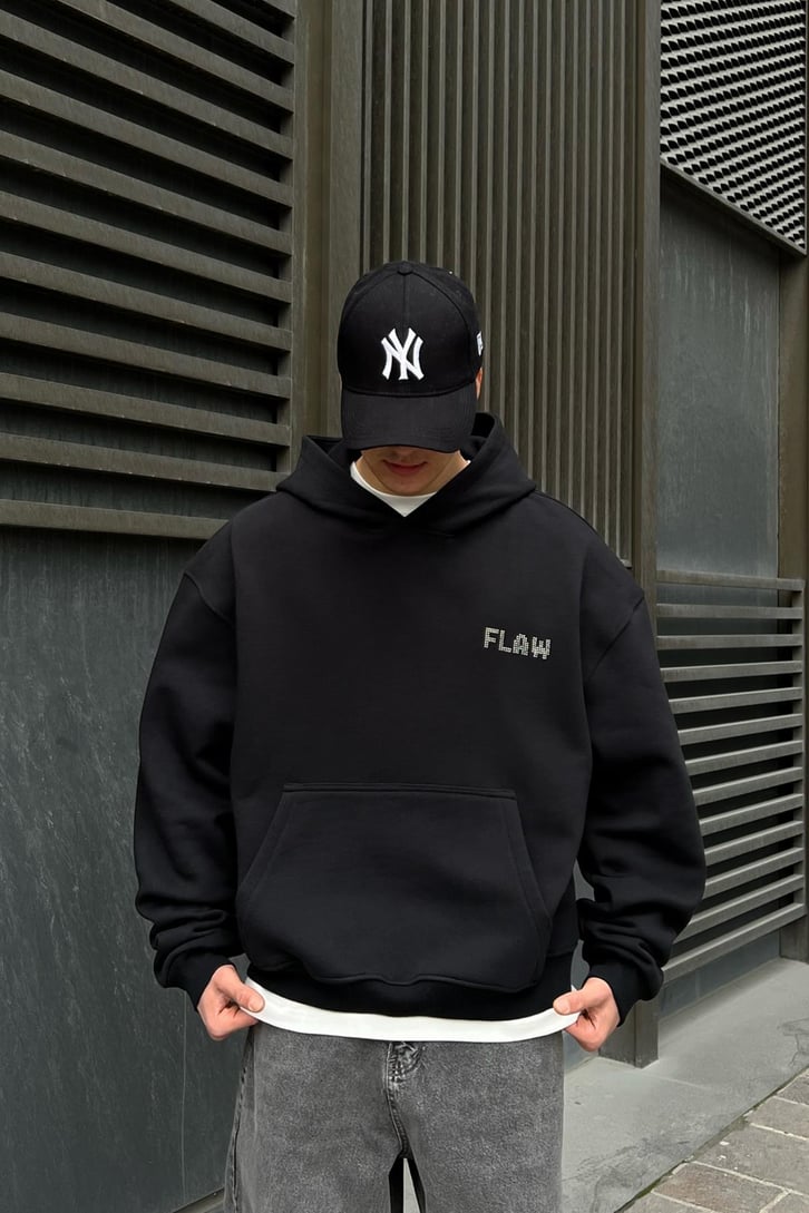 Flaw Atelier Taş İşlemeli Siyah Oversize Hoodie