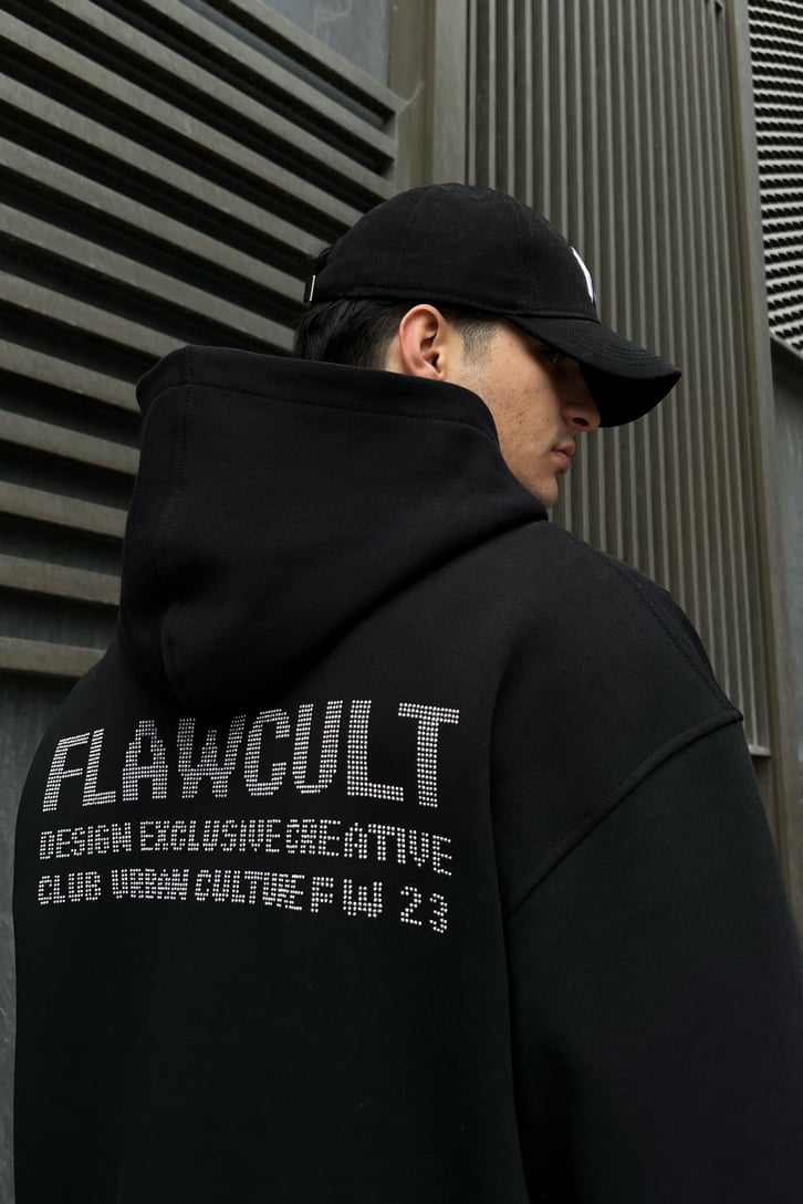Flaw Atelier Taş İşlemeli Siyah Oversize Hoodie