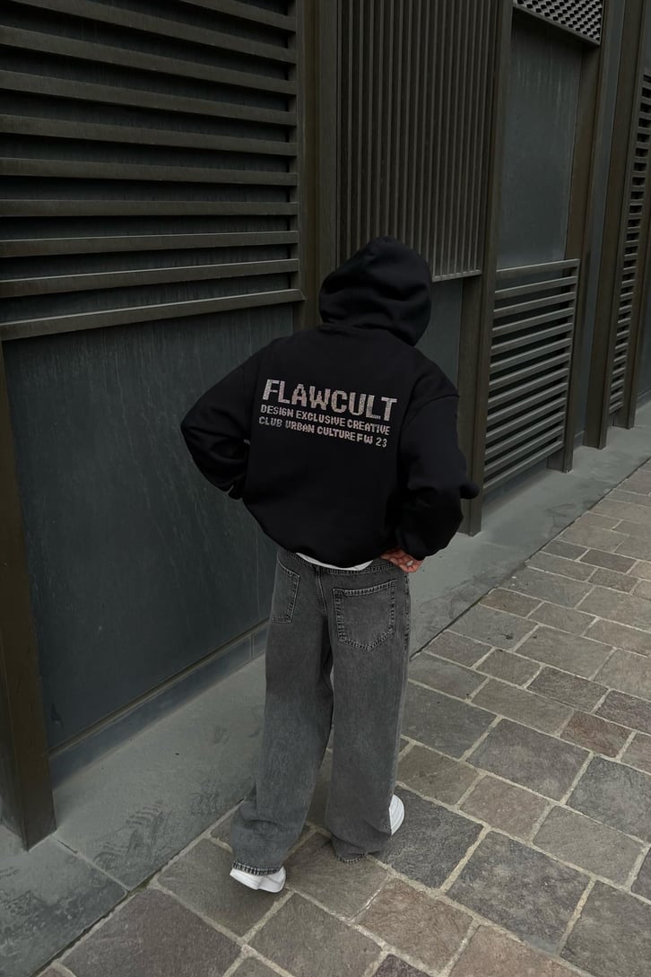 Flaw Atelier Taş İşlemeli Siyah Oversize Hoodie
