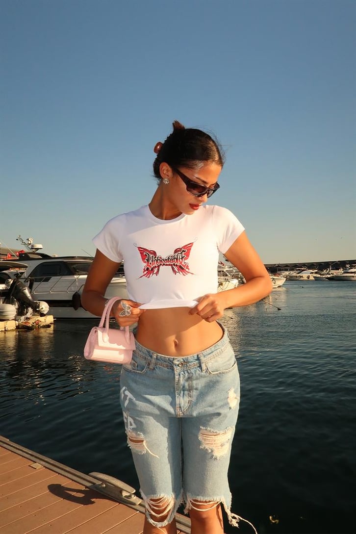 Flaw Atelier Unbetable Baskılı Beyaz Crop