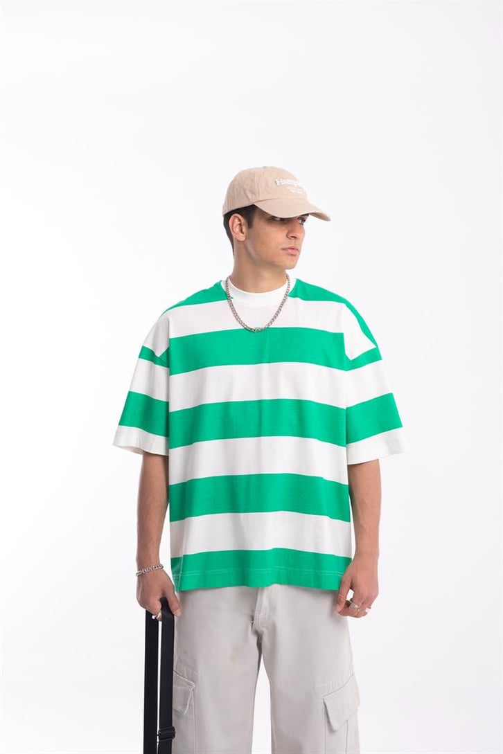 Flaw Atelier Yeşil Çizgili Oversize Tshirt