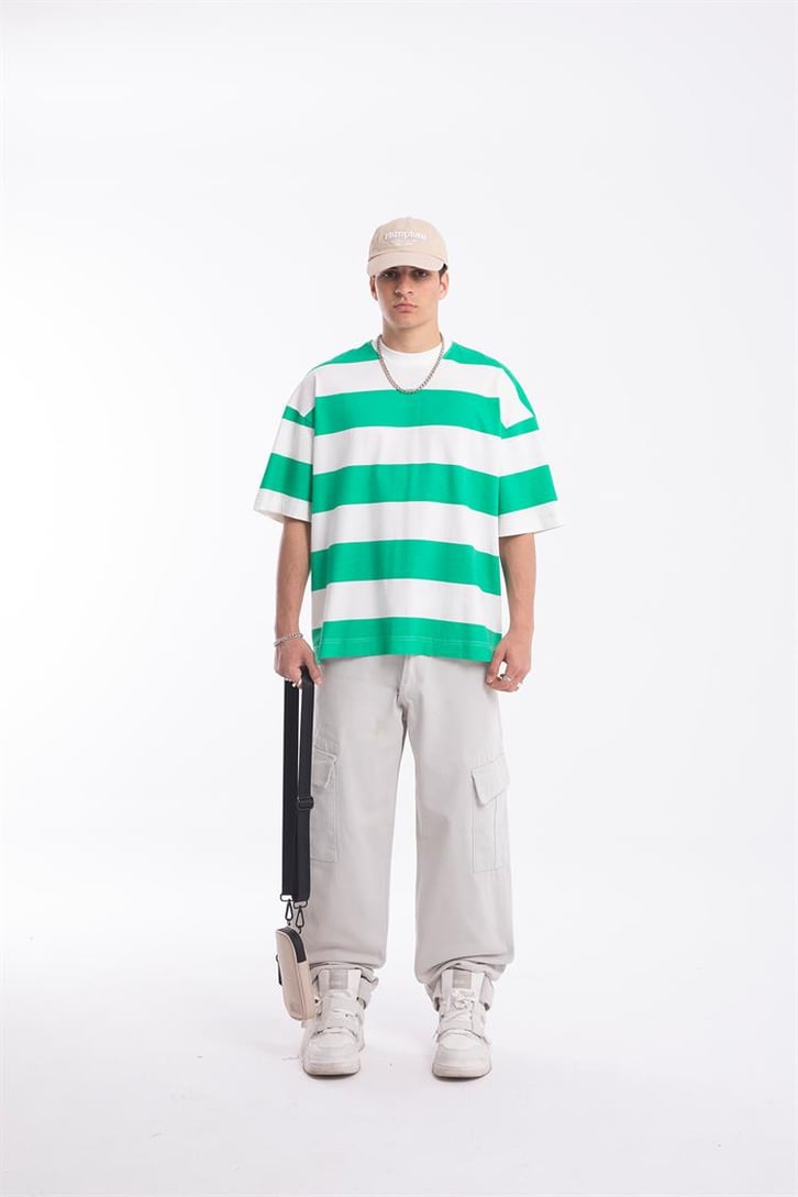 Flaw Atelier Yeşil Çizgili Oversize Tshirt