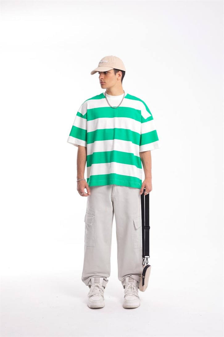 Flaw Atelier Yeşil Çizgili Oversize Tshirt