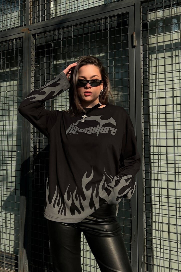Flaw Culture Flame Long Sleeve Siyah Tshirt