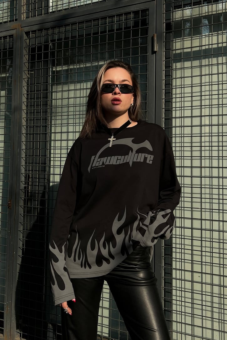 Flaw Culture Flame Long Sleeve Siyah Tshirt