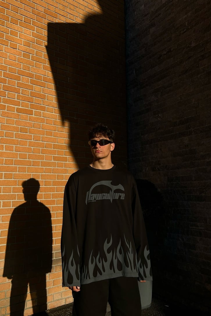 Flaw Culture Flame Long Sleeve Siyah Tshirt