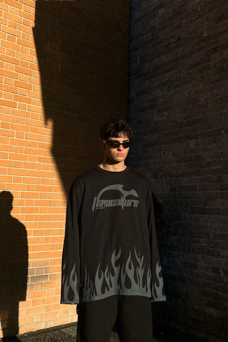 Flaw Culture Flame Long Sleeve Siyah Tshirt