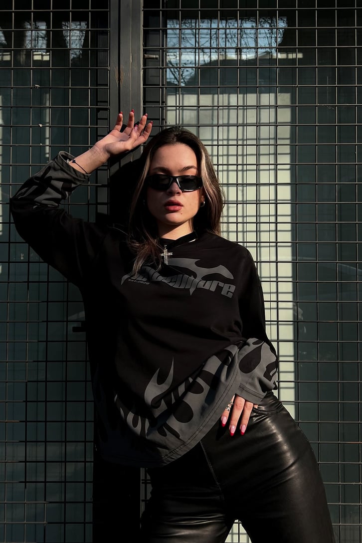 Flaw Culture Flame Long Sleeve Siyah Tshirt