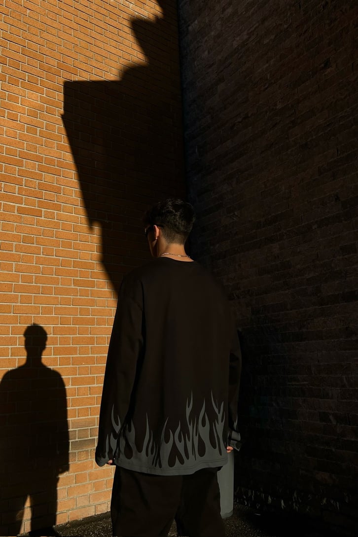 Flaw Culture Flame Long Sleeve Siyah Tshirt